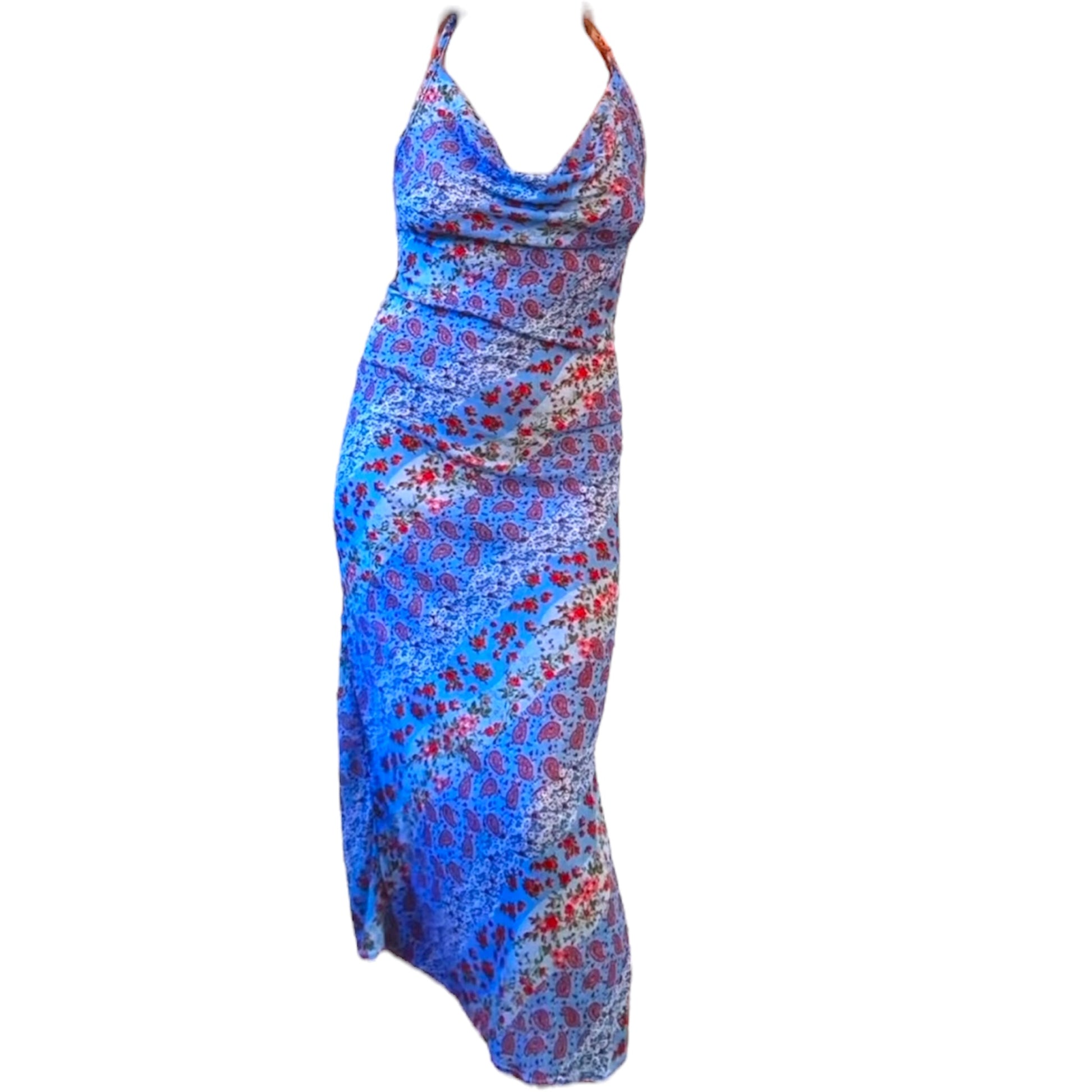Blue floral patterned cowl neck dress on a white background