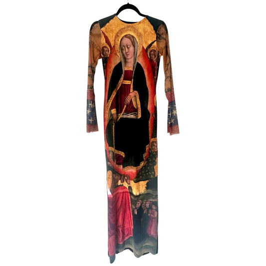 Dress with religious icon design on a white background
