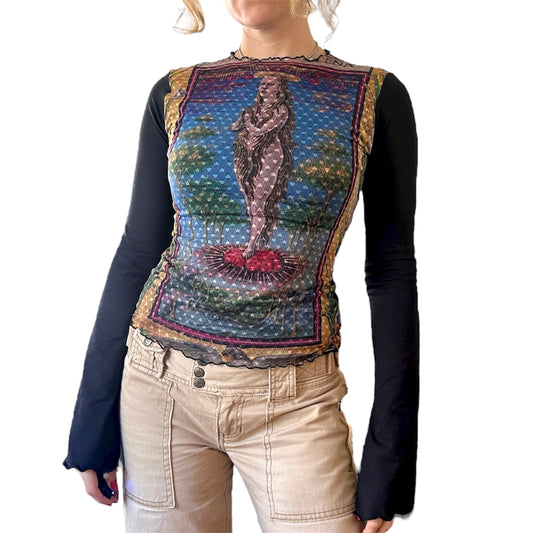 Mesh opaque shirt with image of Mary Magdelene, with long black sleeves