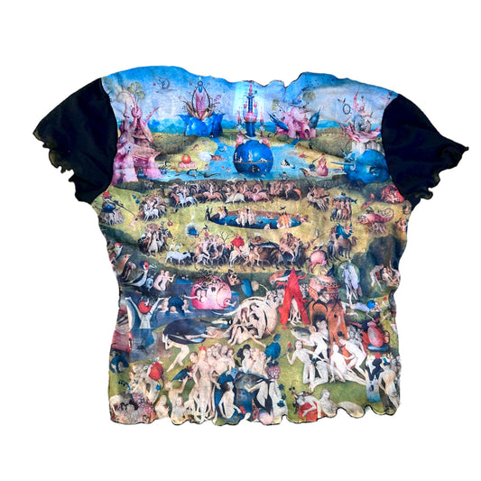 T-shirt with a colorful graphic design of Bosch's Garden of Earthly delights  on a white background