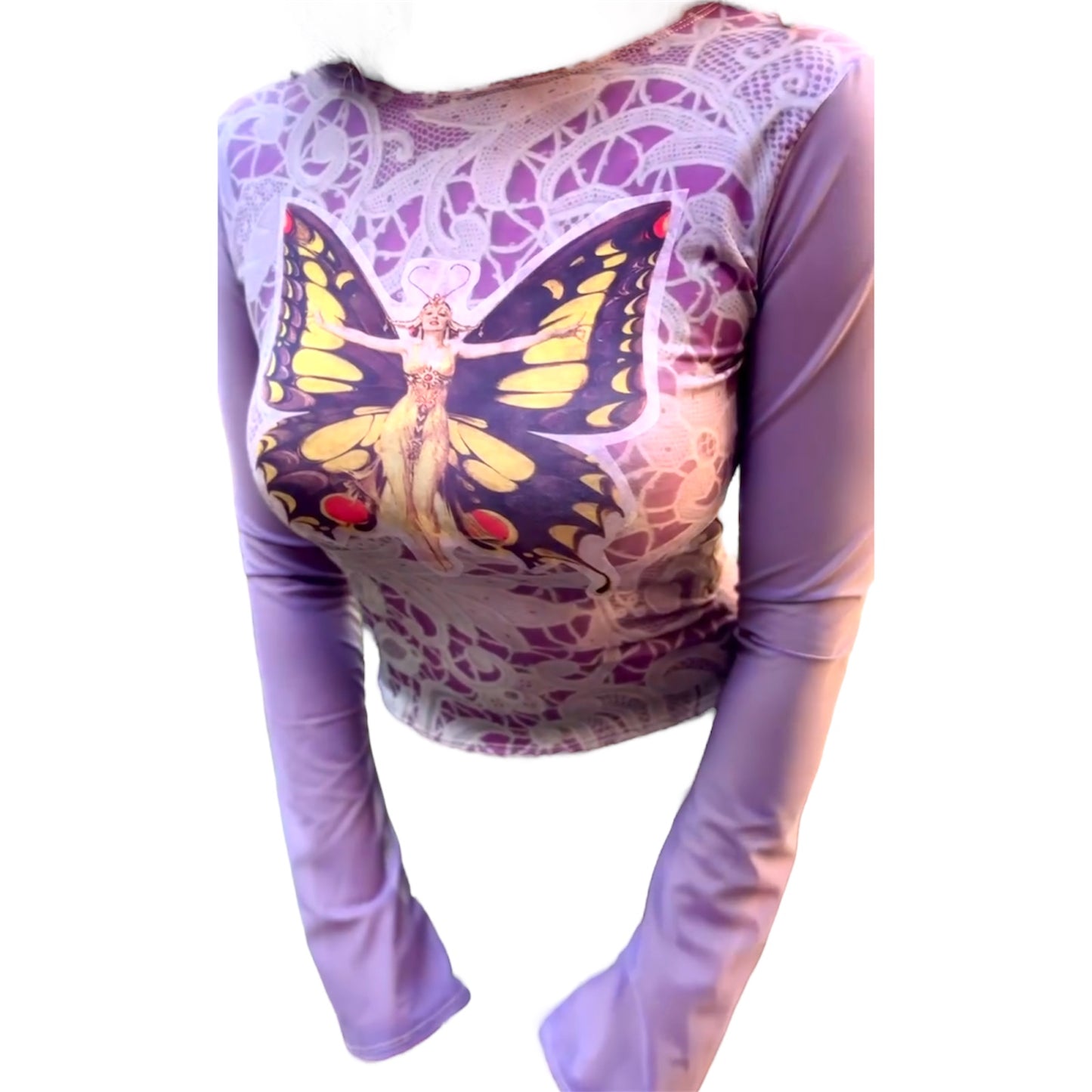 A lavender-colored long sleeve top with a multicolored butterfly pattern on the top and solid purple color on the sleeves