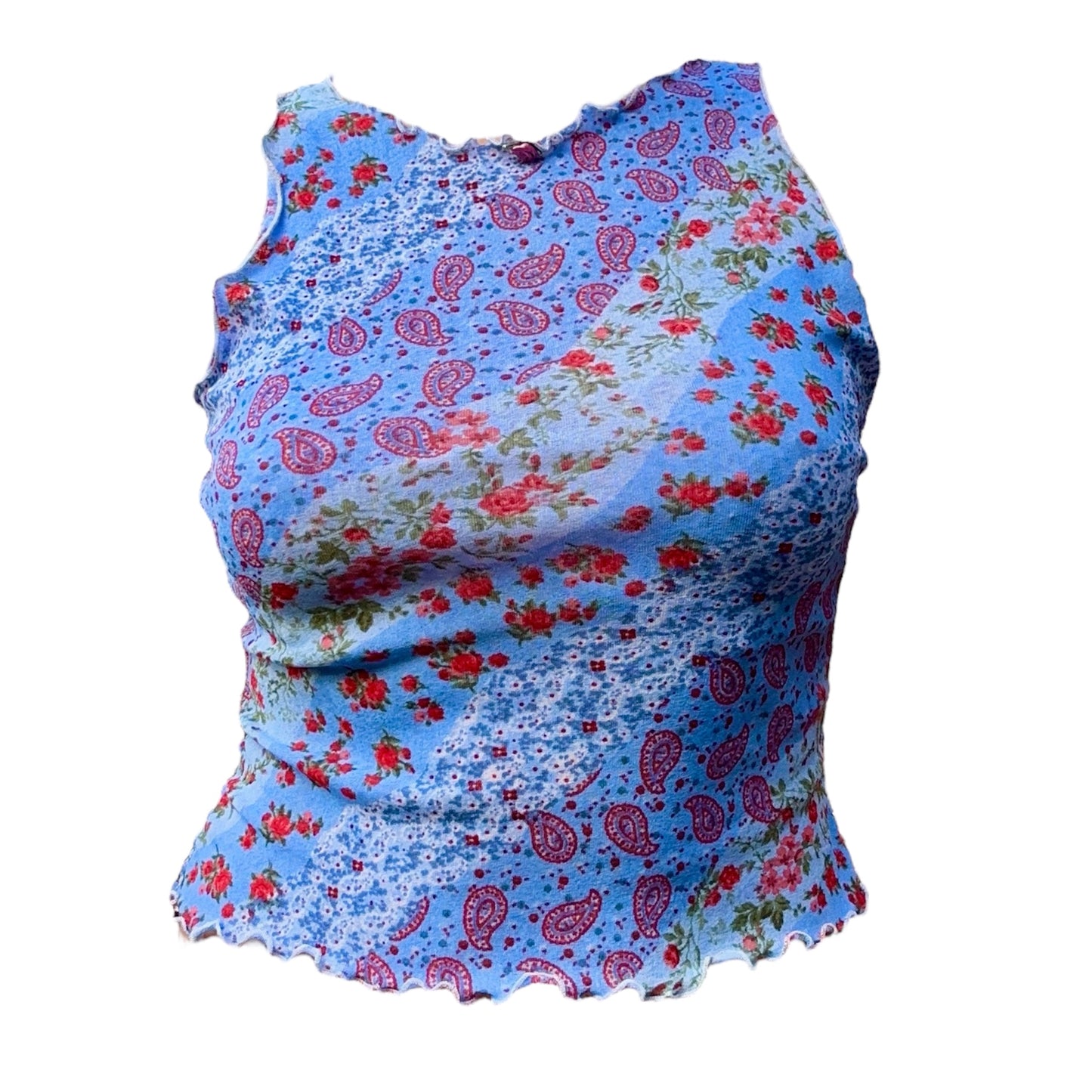 Blue and red floral pattern tank top with lettuce hem