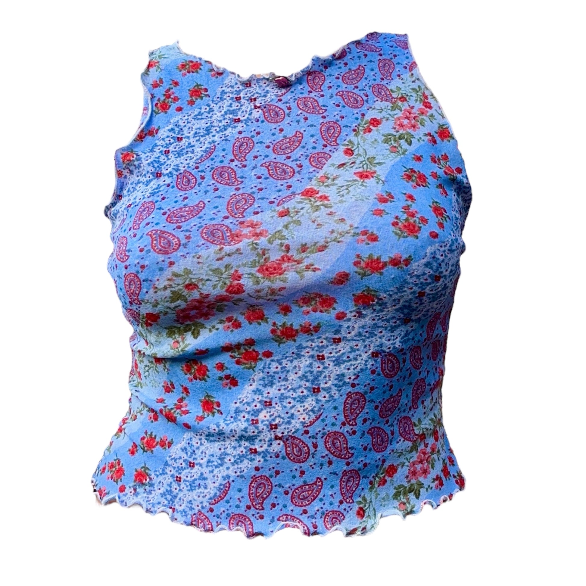 Blue and red floral pattern tank top with lettuce hem