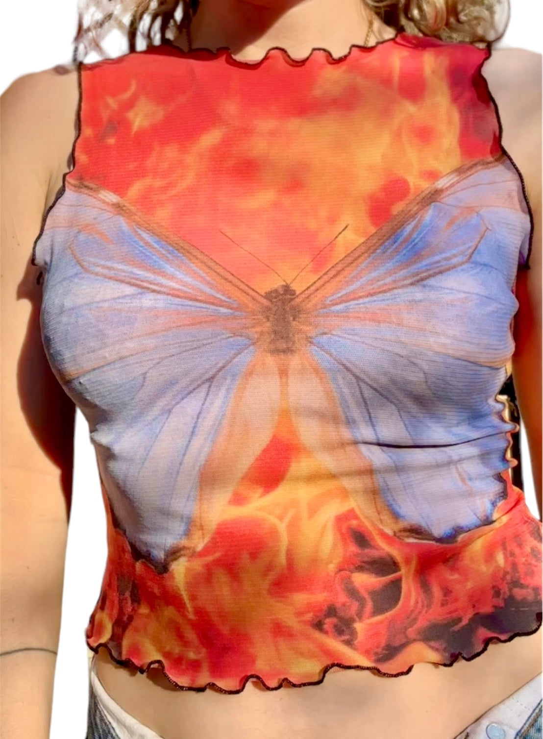 A tank top with a colorful butterfly design on the front, set against a fiery background.
